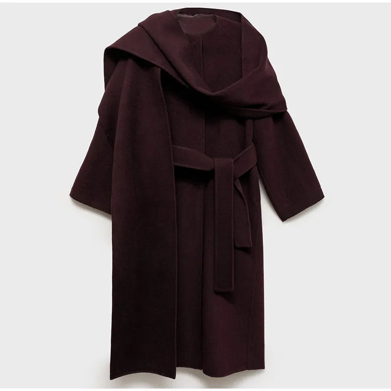 Women Oversize Loose Double Button Lapel Overcoat Fashion Black Woolen Long Coat With Belt Autumn New Street Female Outerwear