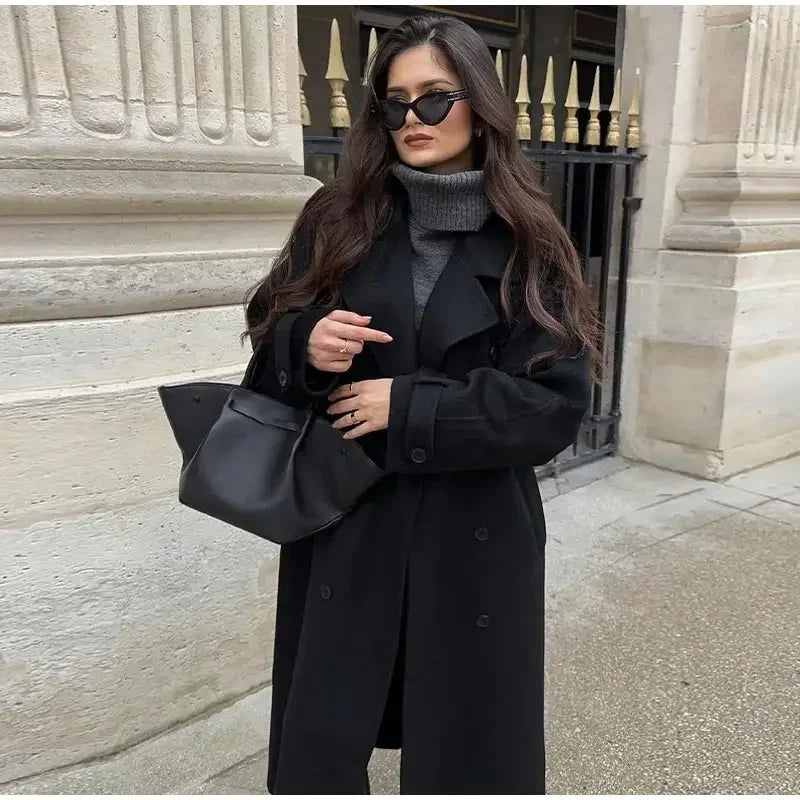 Women Oversize Loose Double Button Lapel Overcoat Fashion Black Woolen Long Coat With Belt Autumn New Street Female Outerwear