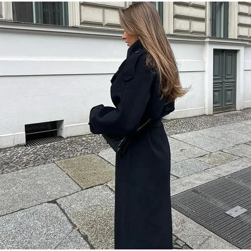 Women Oversize Loose Double Button Lapel Overcoat Fashion Black Woolen Long Coat With Belt Autumn New Street Female Outerwear