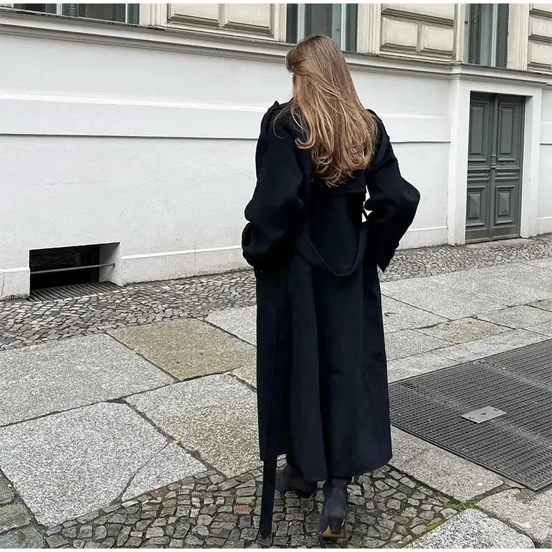 Women Oversize Loose Double Button Lapel Overcoat Fashion Black Woolen Long Coat With Belt Autumn New Street Female Outerwear
