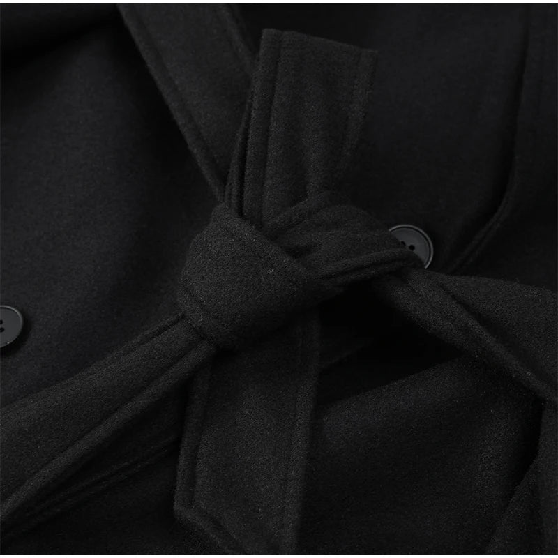 Women Oversize Loose Double Button Lapel Overcoat Fashion Black Woolen Long Coat With Belt Autumn New Street Female Outerwear