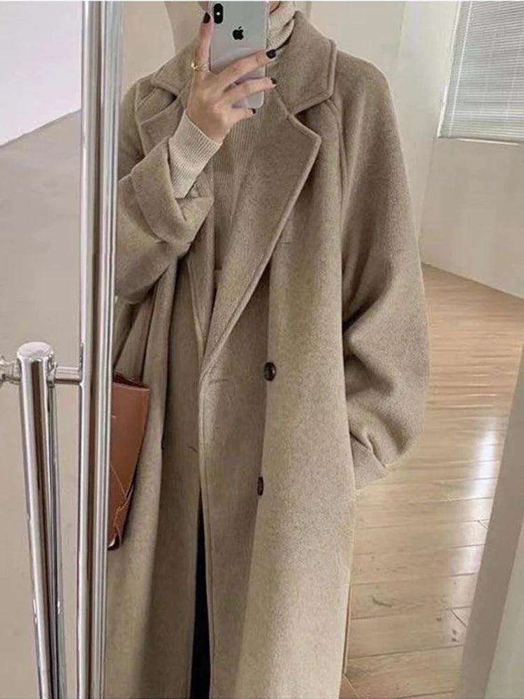 Winter Woolen Coat Women Thicken Long Jacket Casual Loose Fashion Windbreaker Outerwear Female Vintage Oversize Lapel Streetwear