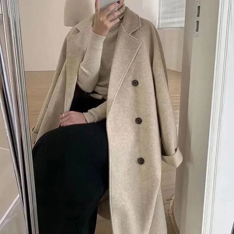 Winter Woolen Coat Women Thicken Long Jacket Casual Loose Fashion Windbreaker Outerwear Female Vintage Oversize Lapel Streetwear