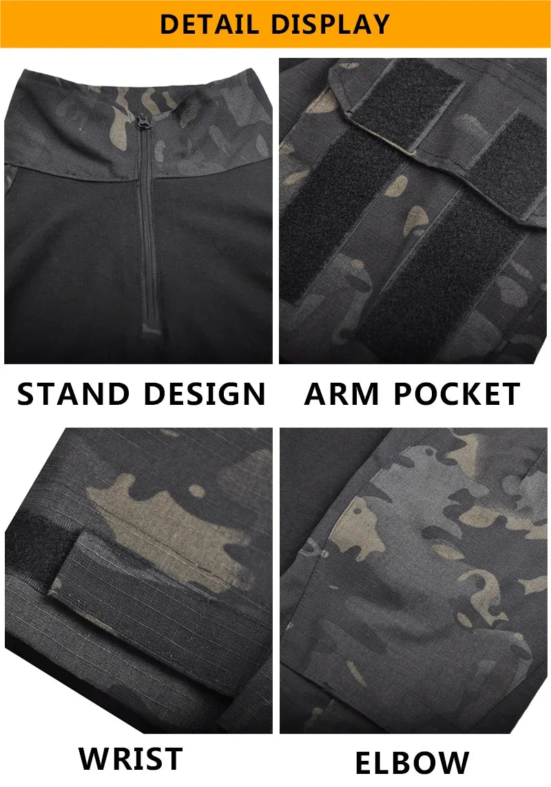 Men's Safari Shirt Outdoor Camouflage Long Sleeve Working Camping Fishing Softair Men Clothing with 1/4 Zipper Hiking Shirts