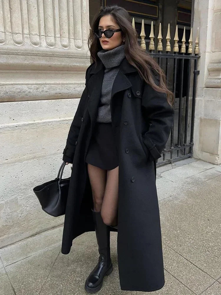 Women Oversize Loose Double Button Lapel Overcoat Fashion Black Woolen Long Coat With Belt Autumn New Street Female Outerwear