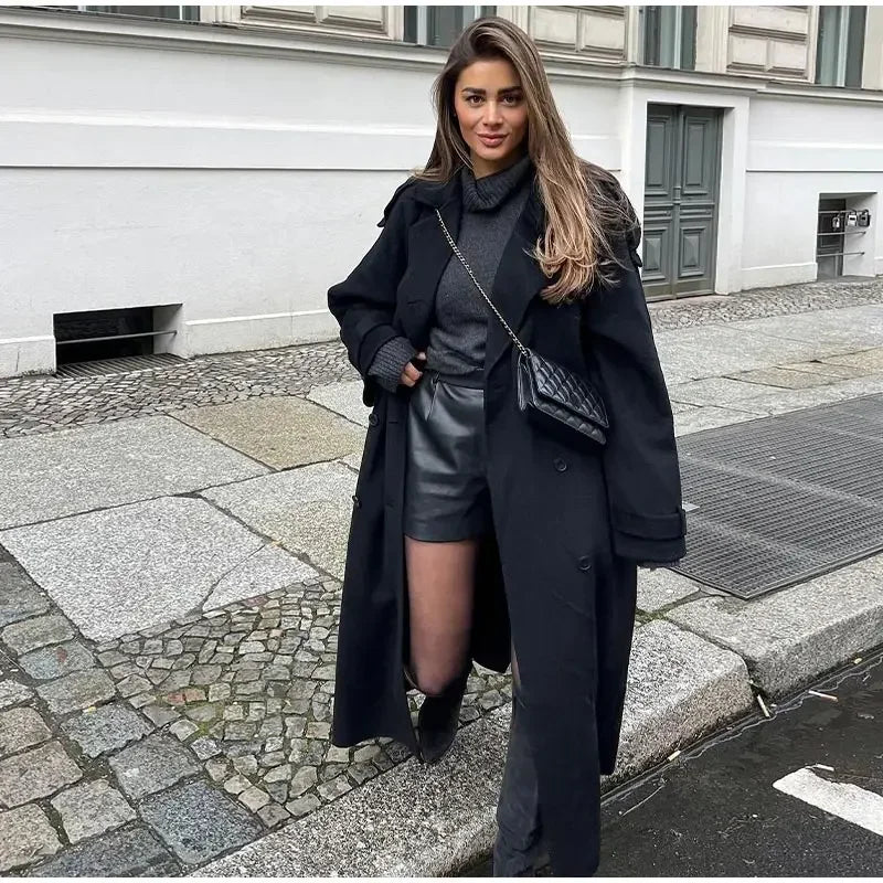 Women Oversize Loose Double Button Lapel Overcoat Fashion Black Woolen Long Coat With Belt Autumn New Street Female Outerwear