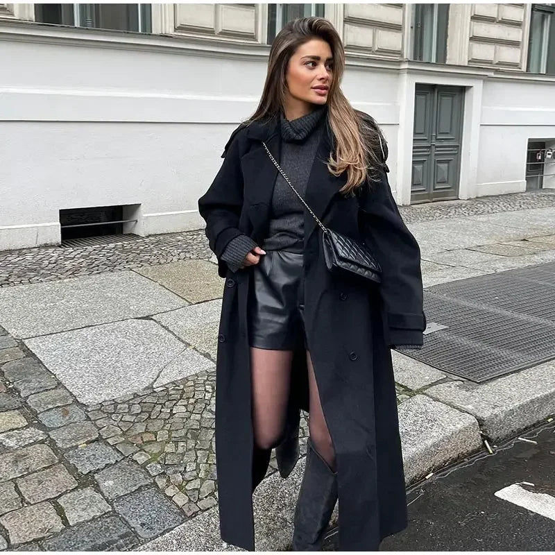 Women Oversize Loose Double Button Lapel Overcoat Fashion Black Woolen Long Coat With Belt Autumn New Street Female Outerwear