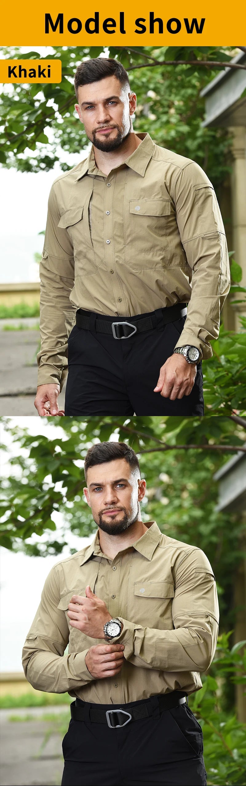 HAN WILD Summer Tactical Shirts Men's Breathable Long Sleeve Multi-Pockets Work Combat Cargo Shirts Quick Dry Camping Clothes