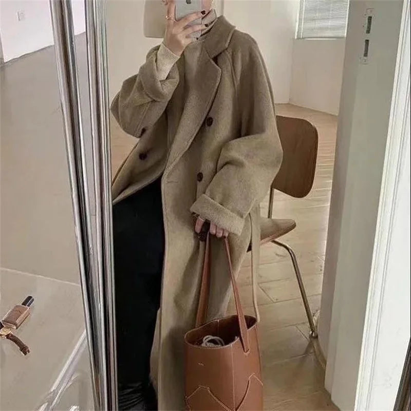 Winter Woolen Coat Women Thicken Long Jacket Casual Loose Fashion Windbreaker Outerwear Female Vintage Oversize Lapel Streetwear