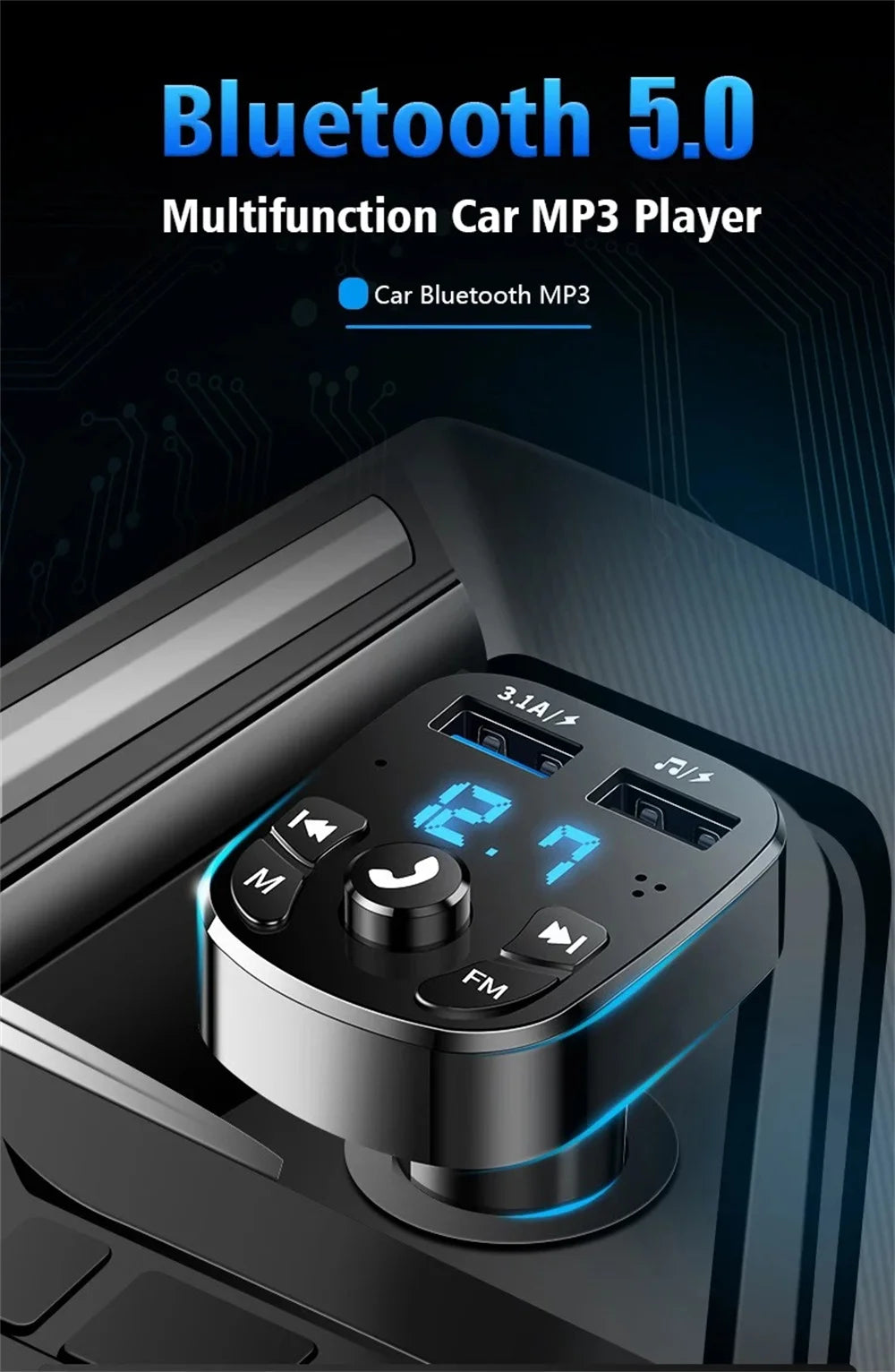 3.1A FM Transmitter Wireless Bluetooth 5.0 Car MP3 Player Dual USB Fast Charging Adapter in Car Noise Reduction Audio Receiver