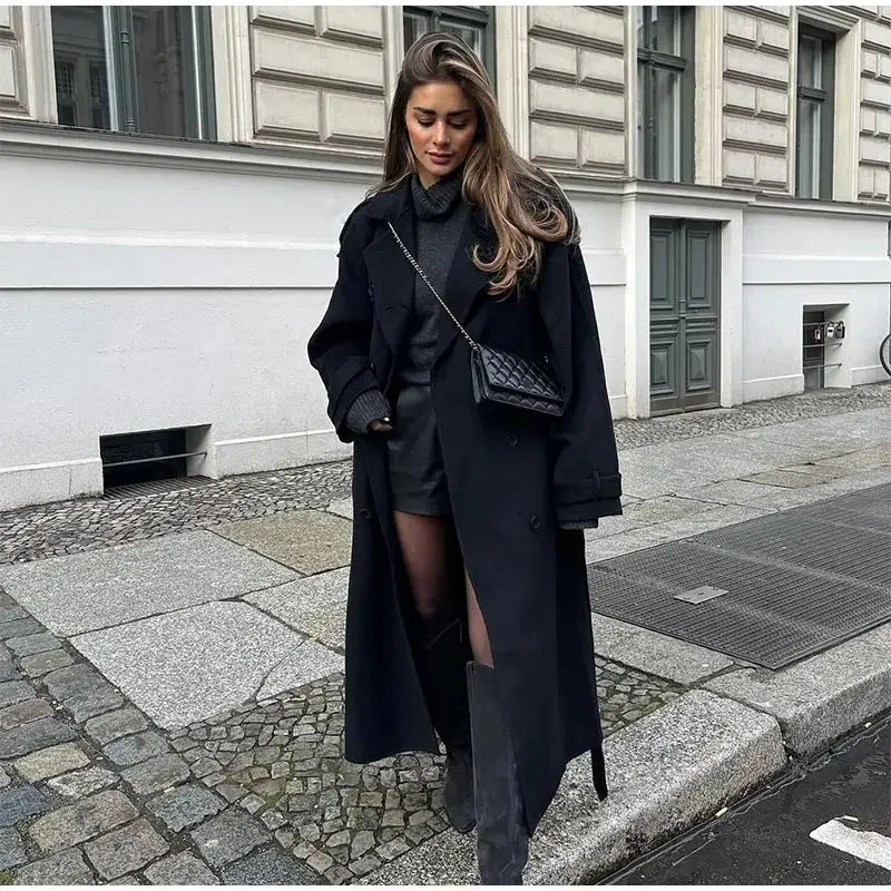 Women Oversize Loose Double Button Lapel Overcoat Fashion Black Woolen Long Coat With Belt Autumn New Street Female Outerwear