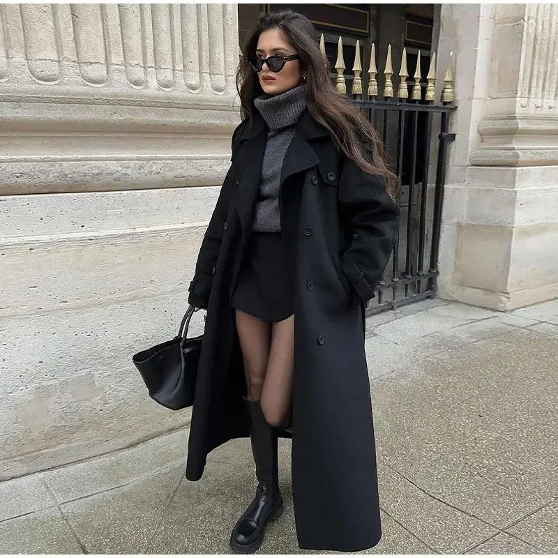 Women Oversize Loose Double Button Lapel Overcoat Fashion Black Woolen Long Coat With Belt Autumn New Street Female Outerwear