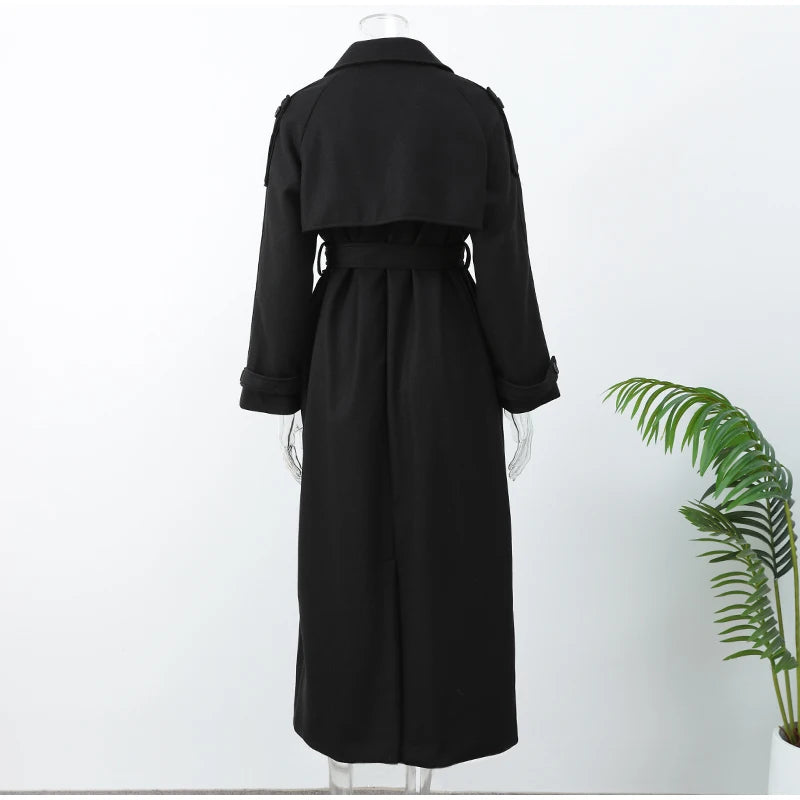 Women Oversize Loose Double Button Lapel Overcoat Fashion Black Woolen Long Coat With Belt Autumn New Street Female Outerwear