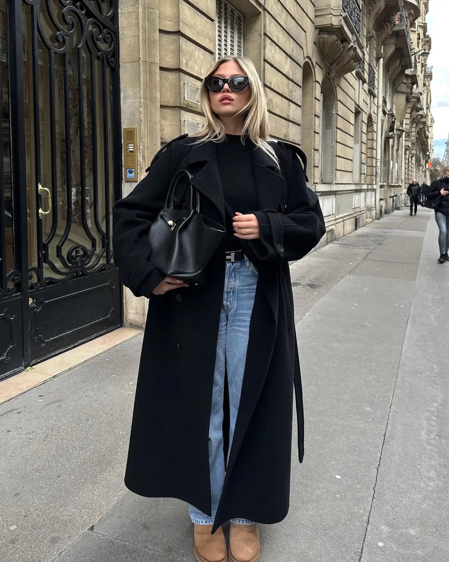Women Oversize Loose Double Button Lapel Overcoat Fashion Black Woolen Long Coat With Belt Autumn New Street Female Outerwear