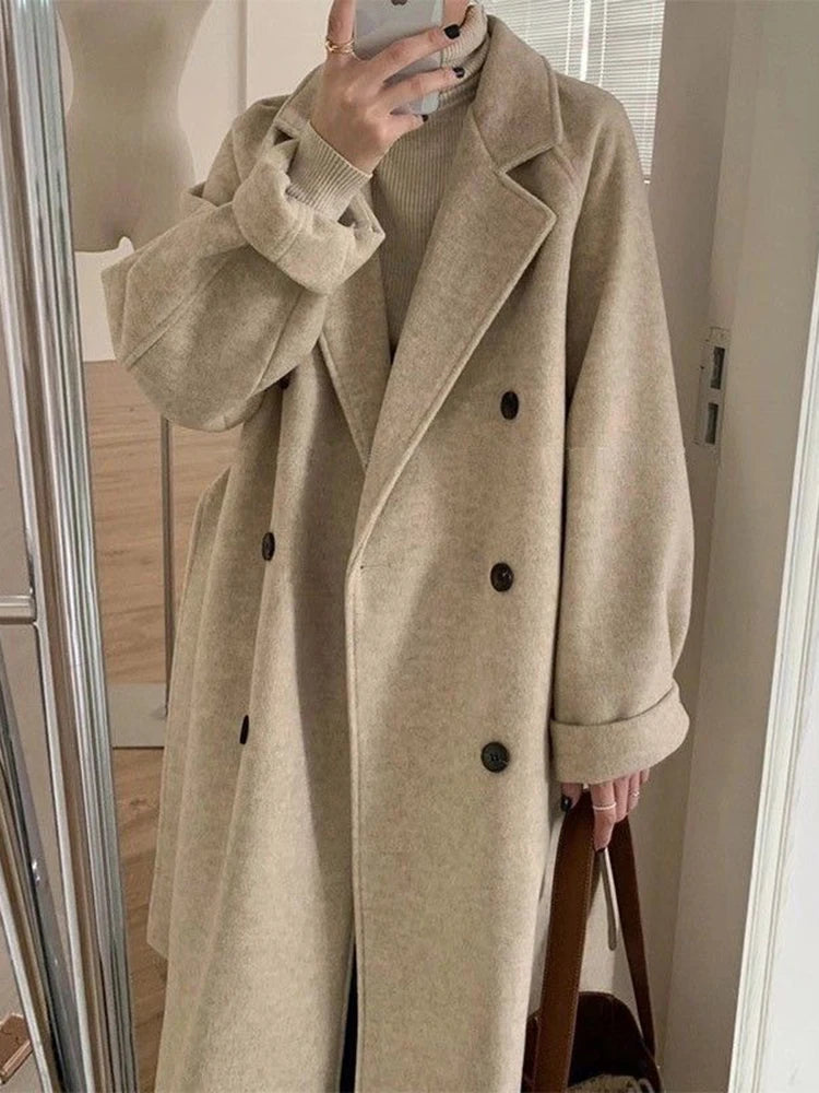 Winter Woolen Coat Women Thicken Long Jacket Casual Loose Fashion Windbreaker Outerwear Female Vintage Oversize Lapel Streetwear