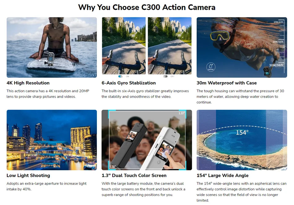 SJCAM C300 Pocket Action Camera 4K FHD With Long Battery Life Video 30M Waterproof 5G WiFi Camera Sport Action Cam