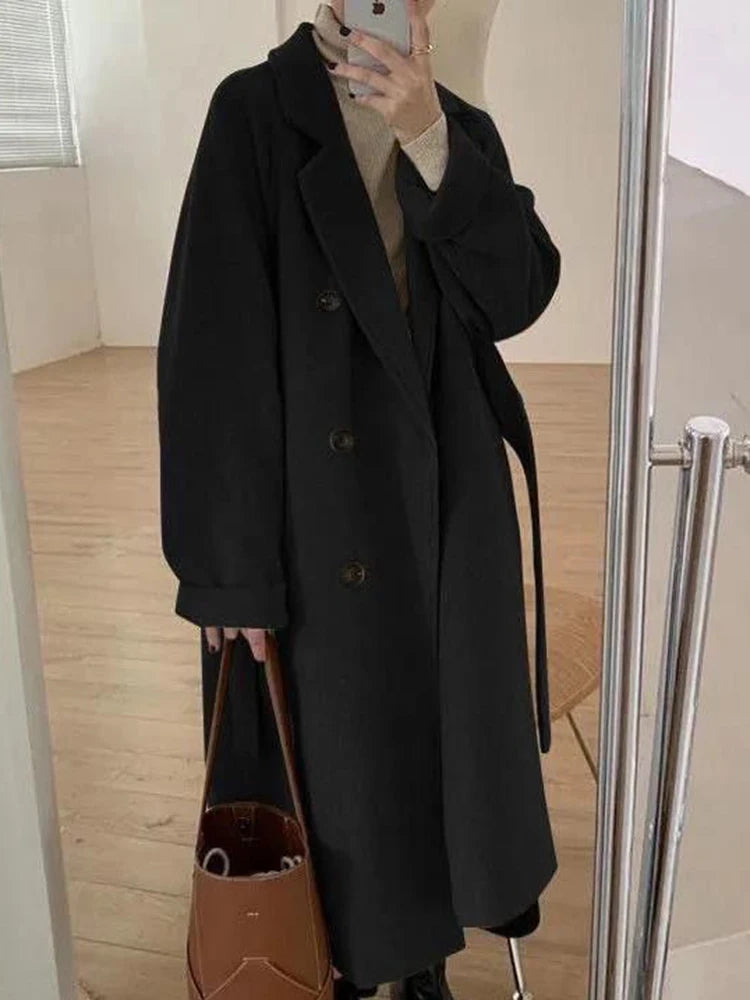 Winter Woolen Coat Women Thicken Long Jacket Casual Loose Fashion Windbreaker Outerwear Female Vintage Oversize Lapel Streetwear