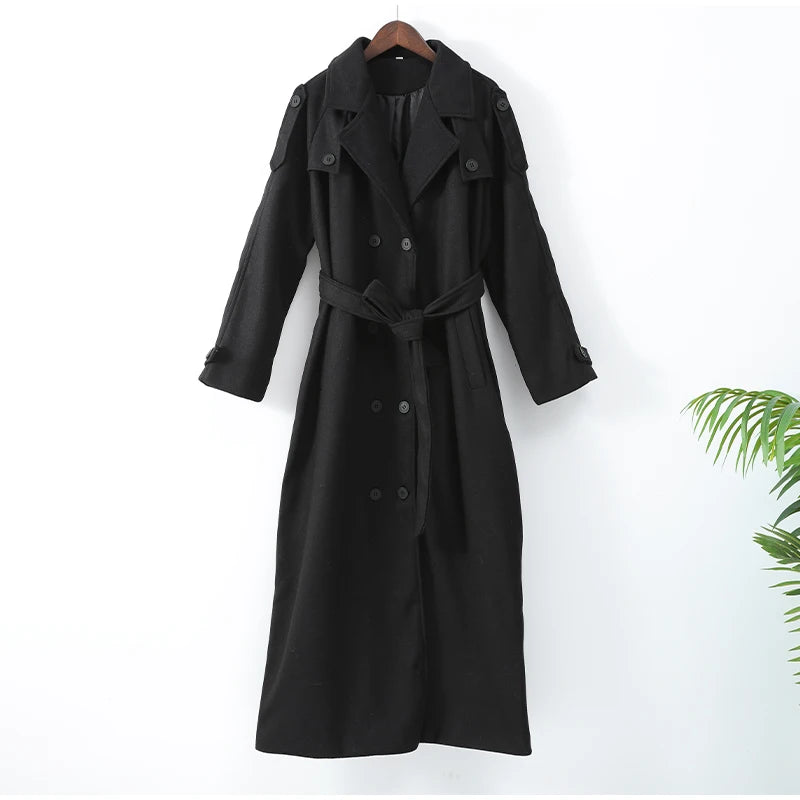 Women Oversize Loose Double Button Lapel Overcoat Fashion Black Woolen Long Coat With Belt Autumn New Street Female Outerwear