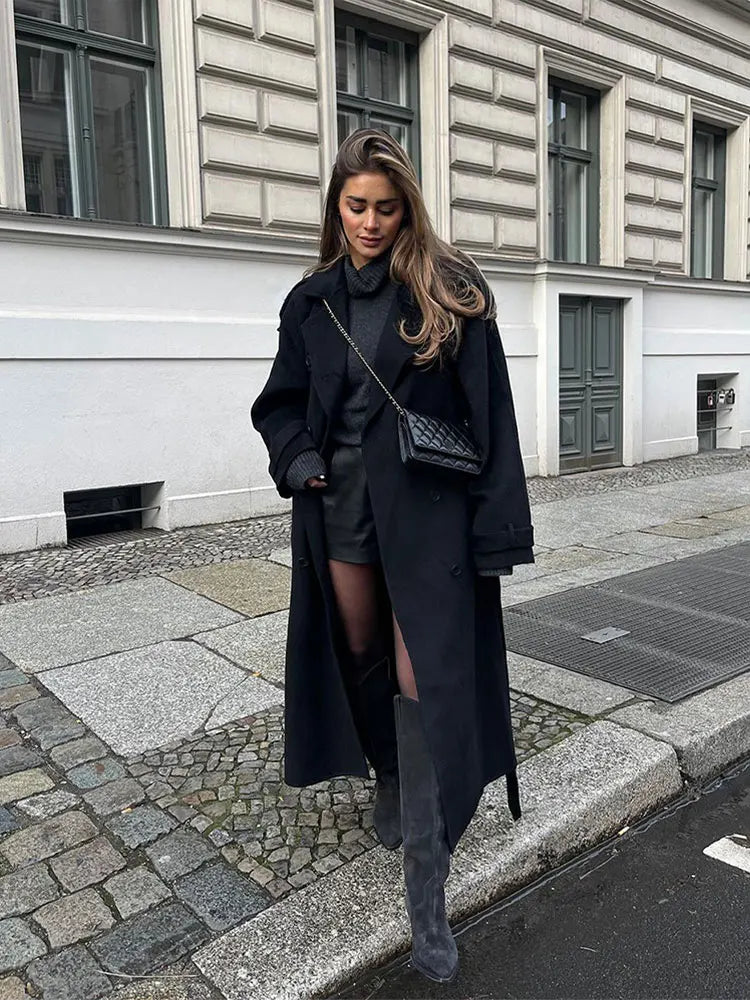 Women Oversize Loose Double Button Lapel Overcoat Fashion Black Woolen Long Coat With Belt Autumn New Street Female Outerwear