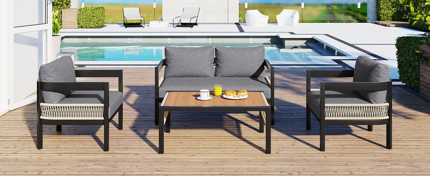Multi-person Outdoor Iron Sofa Set with A table, Rattan Decoration,