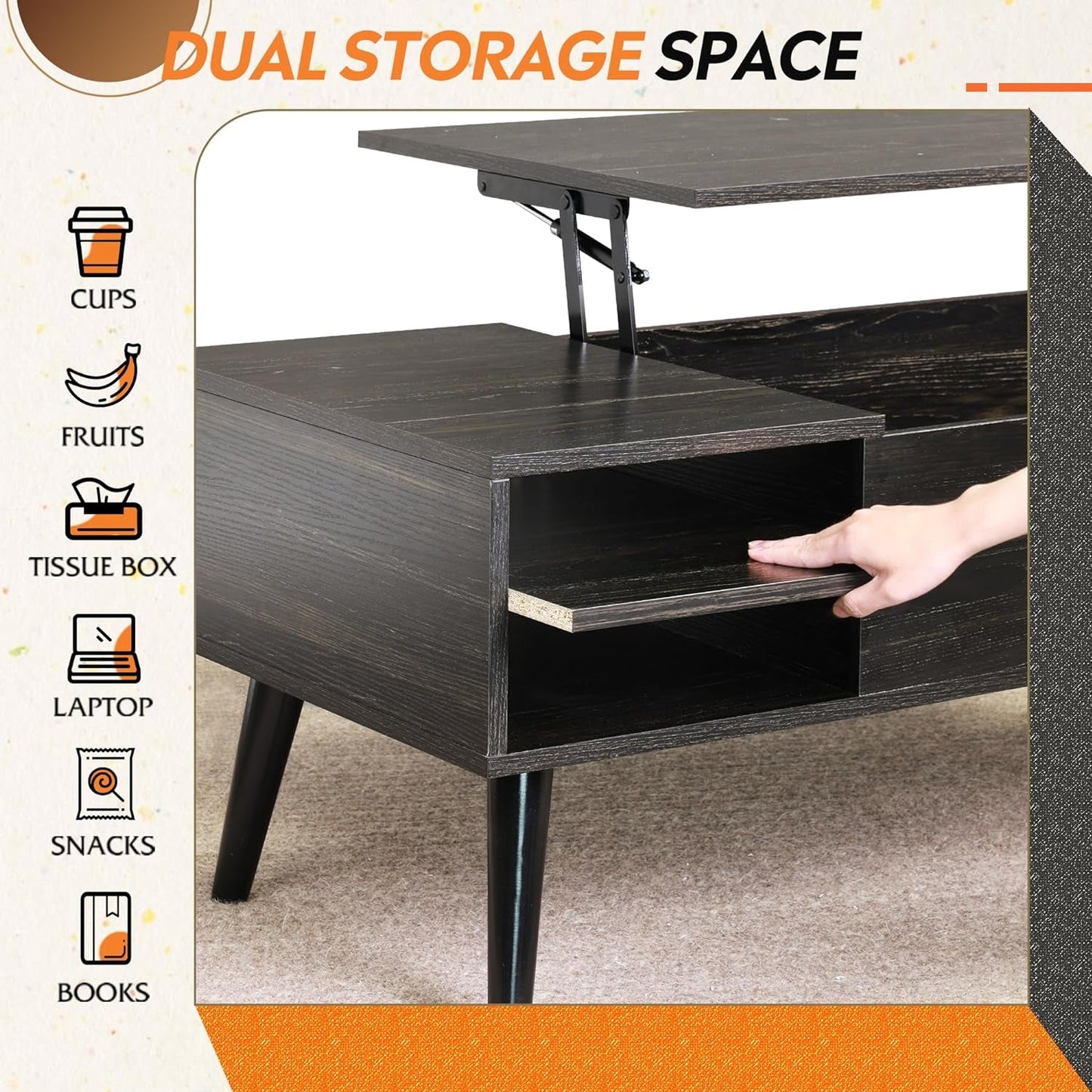 Wood Lift Top Coffee Table with Hidden Compartment and Adjustable