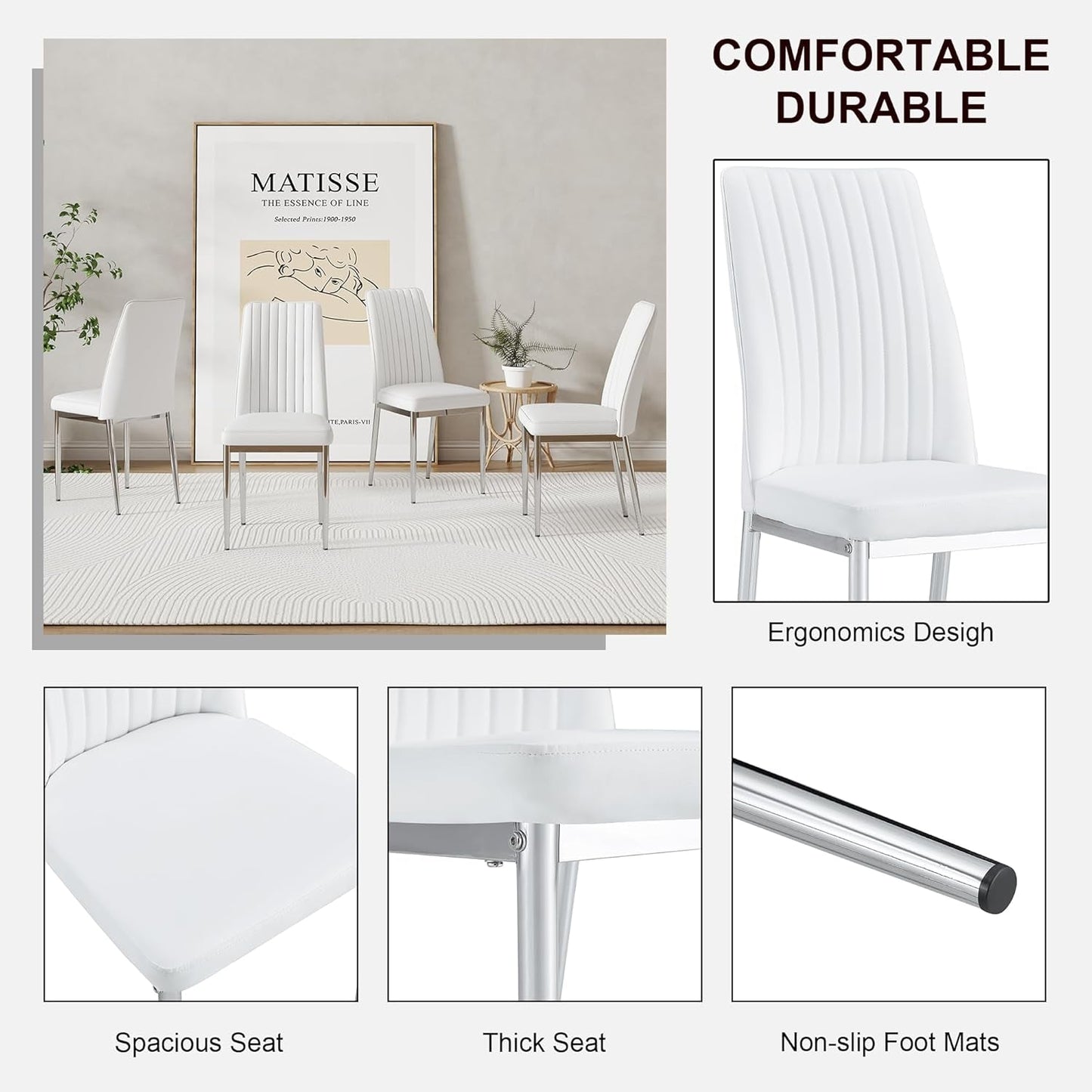 White Leather Chair, Modern Dining Chair Set of 4 with PU Leather and