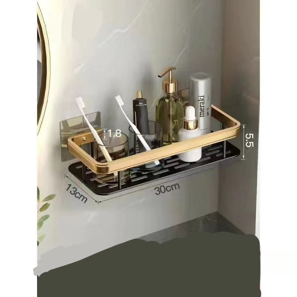 Bathroom Perforated Triangle Suction Cup Tripod Black Gold Rectangular Shelving
