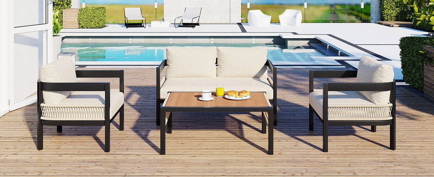 Multi-person Outdoor Iron Sofa Set with A table, Rattan Decoration,