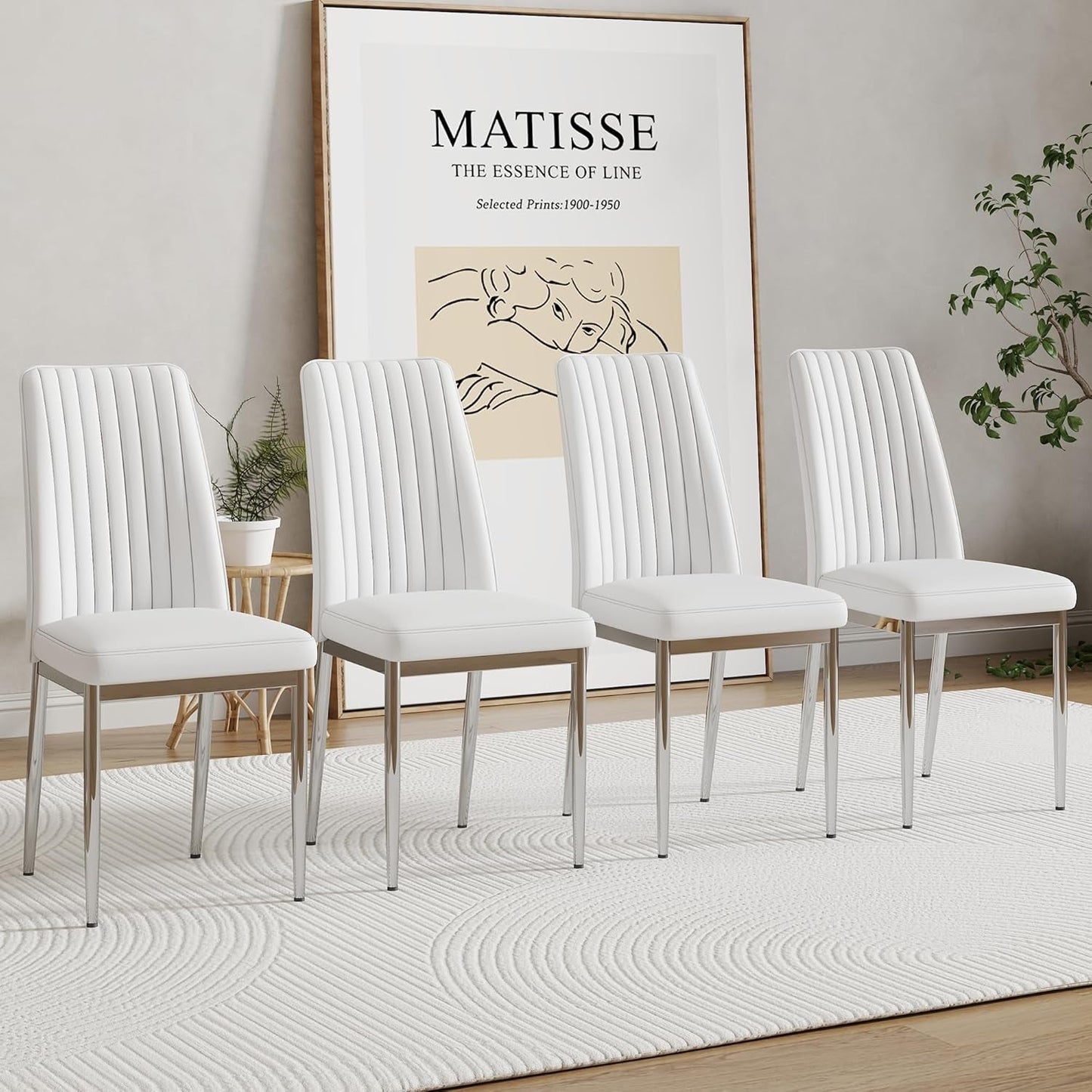 White Leather Chair, Modern Dining Chair Set of 4 with PU Leather and