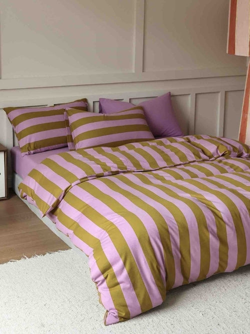 Dopamine Stripe Cotton Queen Size Duvet Cover Set With Pillowcases &