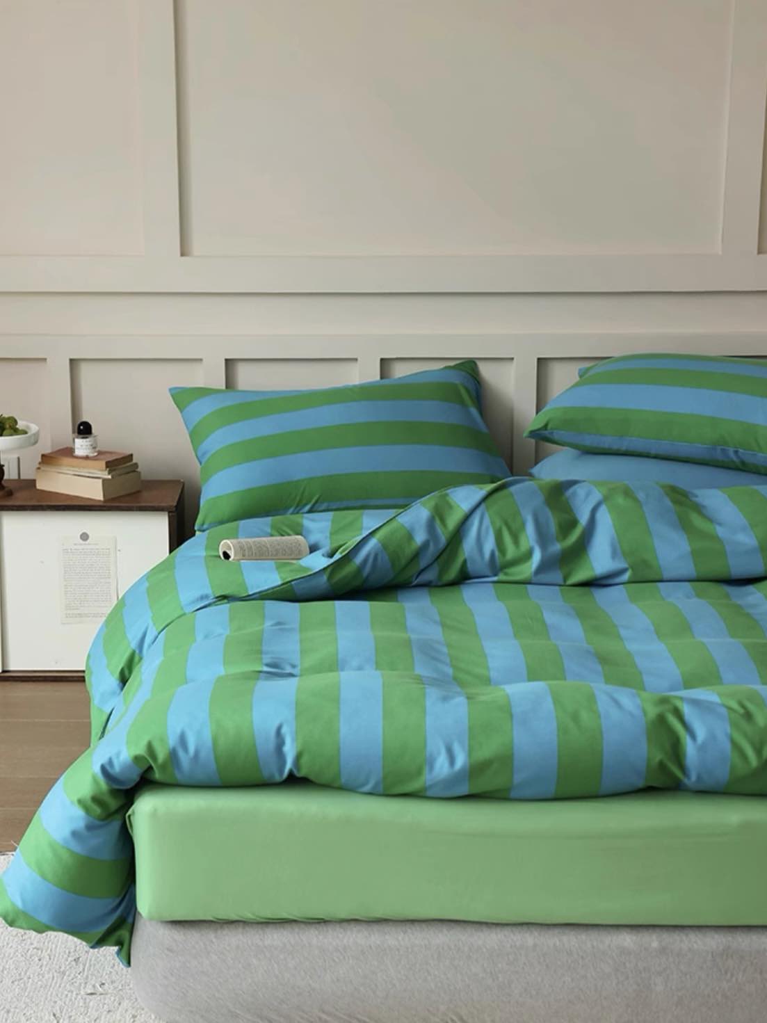 Dopamine Stripe Cotton Queen Size Duvet Cover Set With Pillowcases &