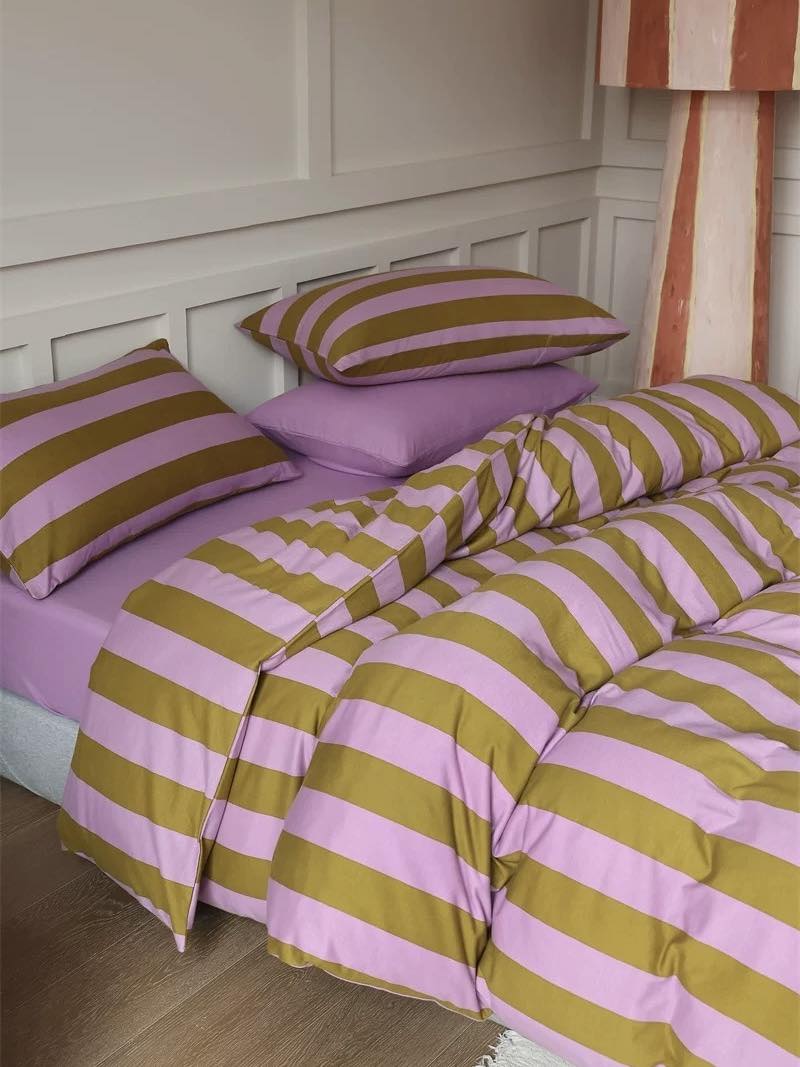 Dopamine Stripe Cotton Queen Size Duvet Cover Set With Pillowcases &