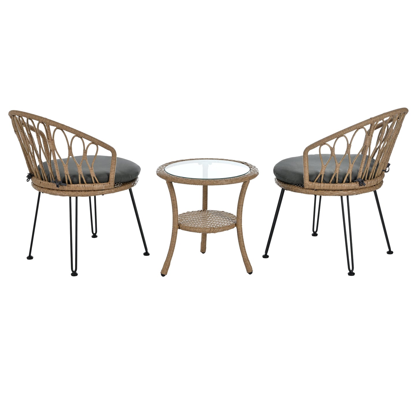 Outdoor Leisure Set, 2 Rattan Single Chairs with A Glass Round Table,