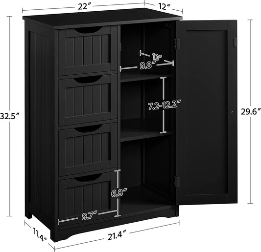 Wooden Bathroom Floor/Side Storage Organizer Cabinet with 4 Drawers