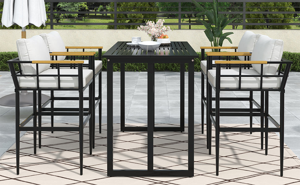 Iron Outdoor Dining Set with Acacia Wood Armrest Suitable For Patio,