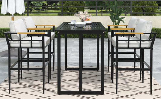 Iron Outdoor Dining Set with Acacia Wood Armrest Suitable For Patio,