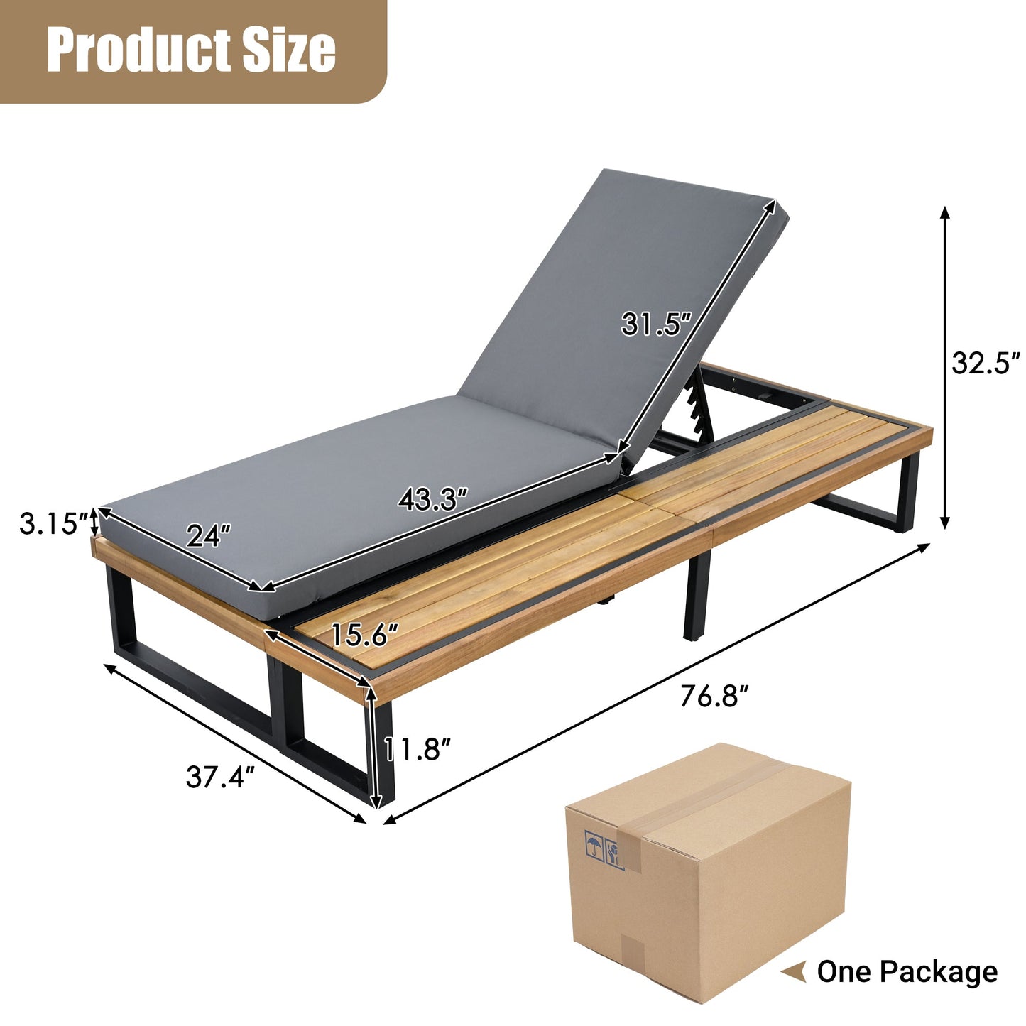 Outdoor Chaise Lounge Chair with 5-Position Adjustable Backrest,