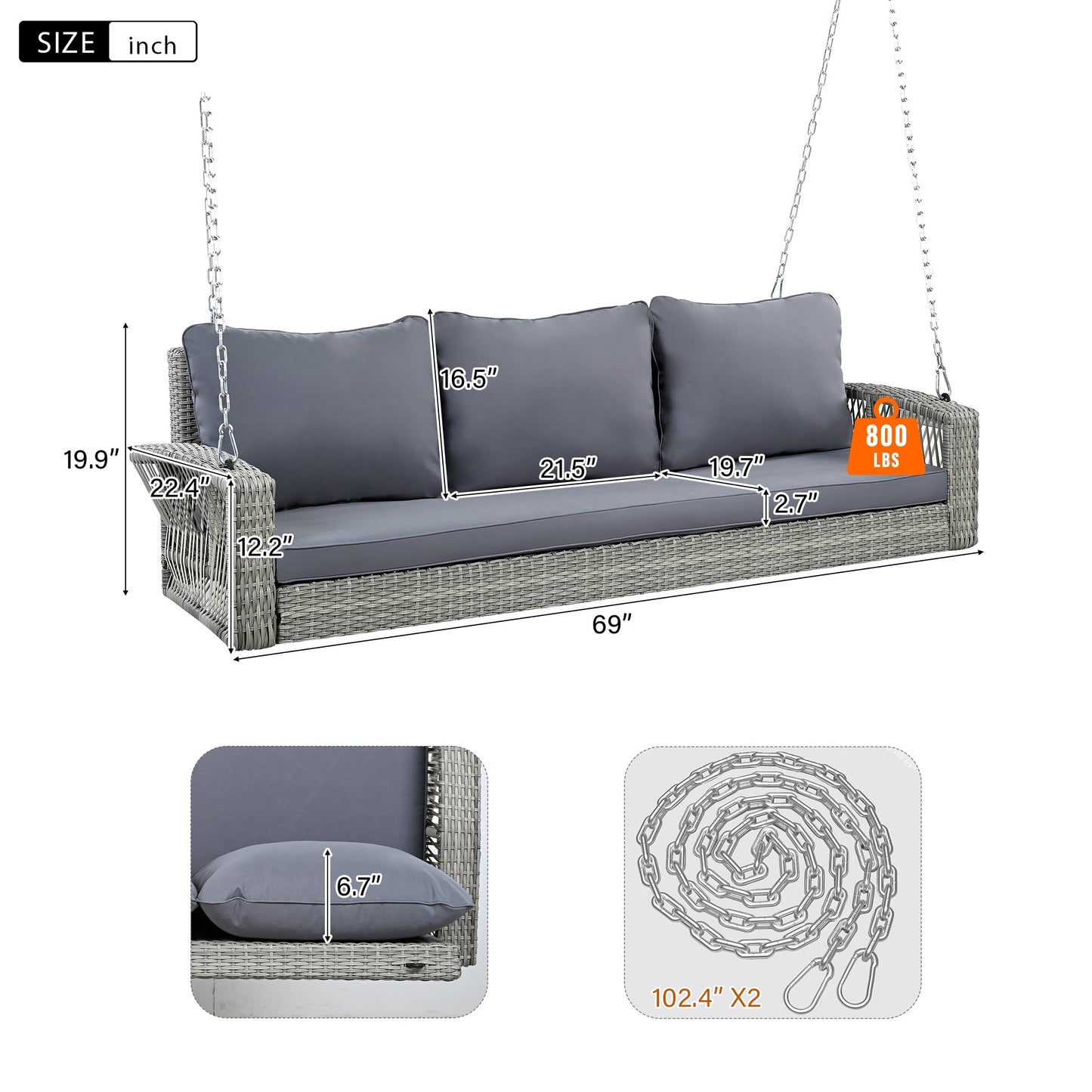 69' PE Wicker 3-Person Porch Swing with Chains, Large Patio Swing
