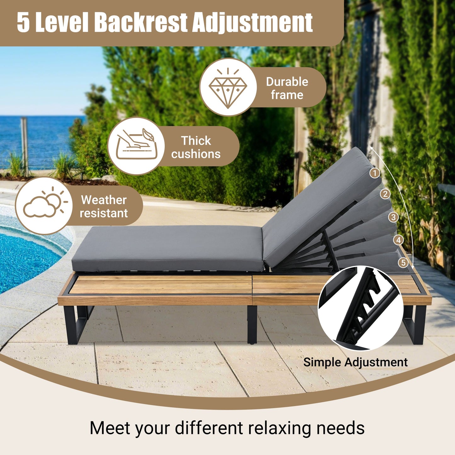 Outdoor Chaise Lounge Chair with 5-Position Adjustable Backrest,
