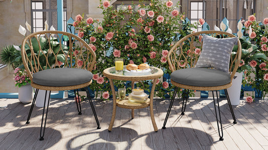 Outdoor Leisure Set, 2 Rattan Single Chairs with A Glass Round Table,