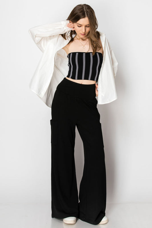 WIDE BANDED JERSEY KNIT FLARE PANTS WITH POCKETS
