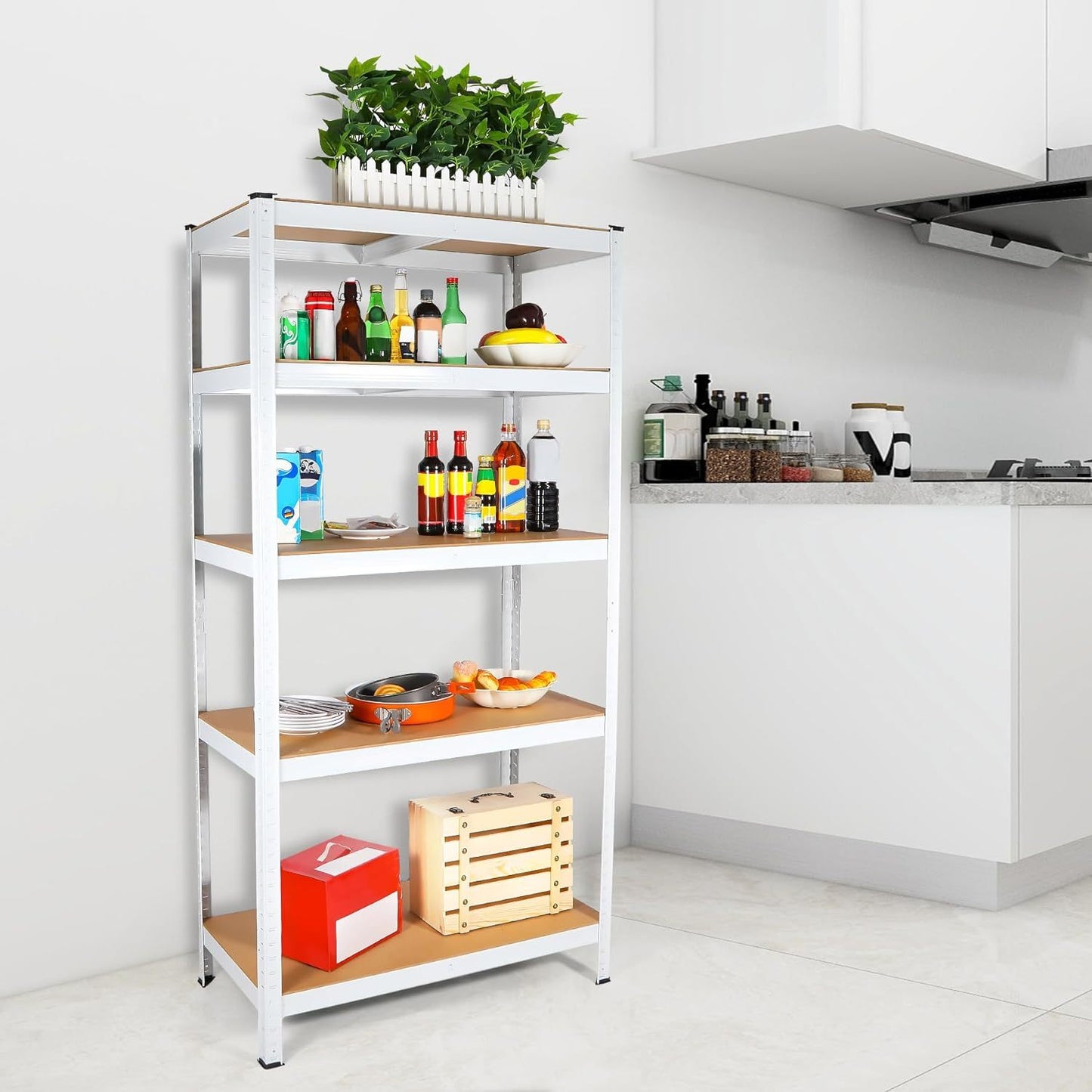 5 Layers Laminated White Metal Shelving Unit Adjustable Garage Storage Utility Rack Heavy Duty Shelf