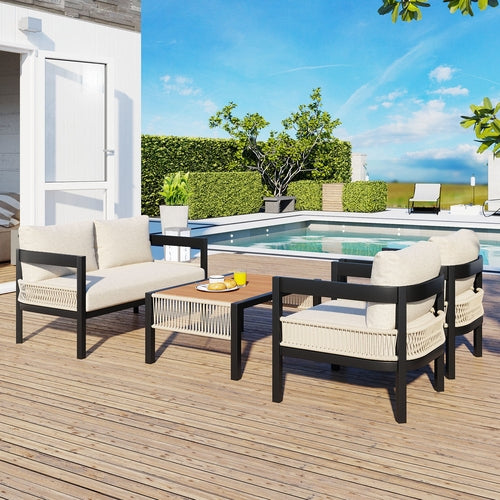 Multi-person Outdoor Iron Sofa Set with A table, Rattan Decoration,