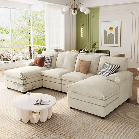 U-Shaped Chenille Sectional Sofa with Adjustable Armrest Pillows -