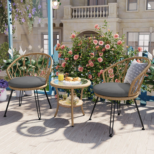 Outdoor Leisure Set, 2 Rattan Single Chairs with A Glass Round Table,