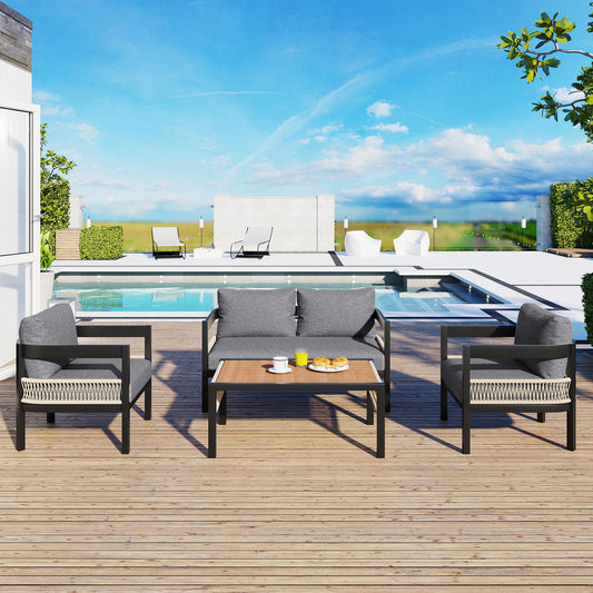 Multi-person Outdoor Iron Sofa Set with A table, Rattan Decoration,