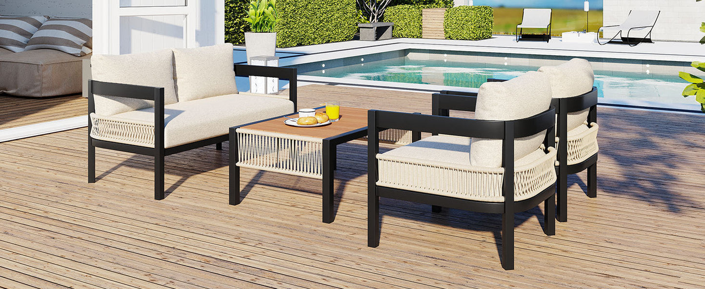 Multi-person Outdoor Iron Sofa Set with A table, Rattan Decoration,