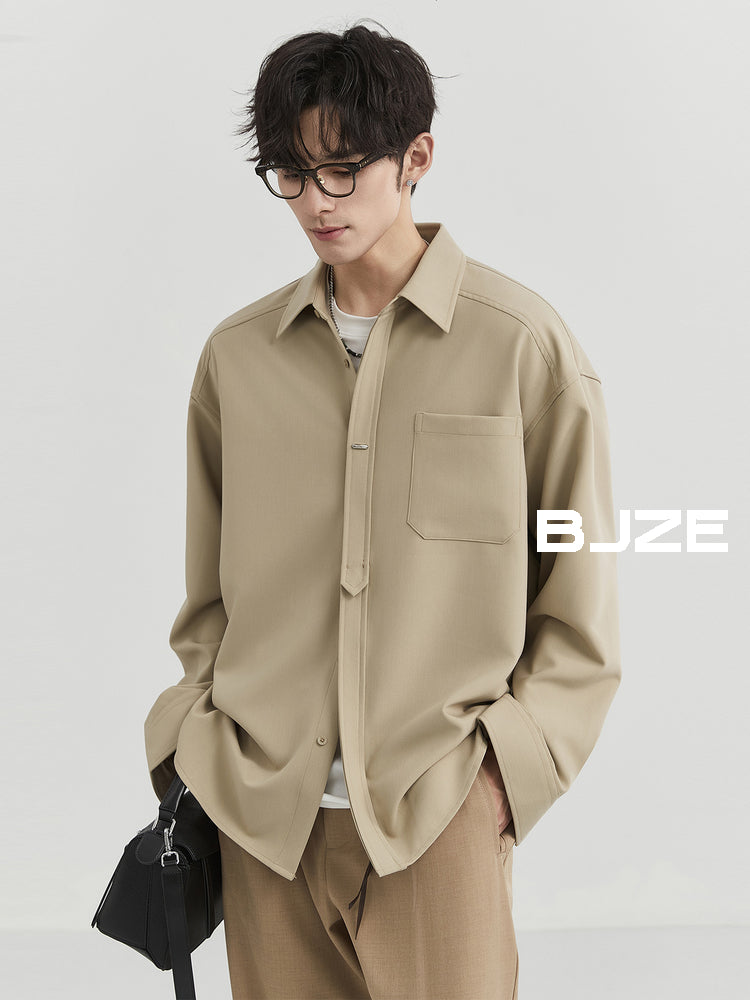 [Classy Stylish] Bjze Men's Clothing 25 Spring and Autumn Long Sleeves Inner Wear Shirt Pure Color K-style Work Clothing Loose Tops