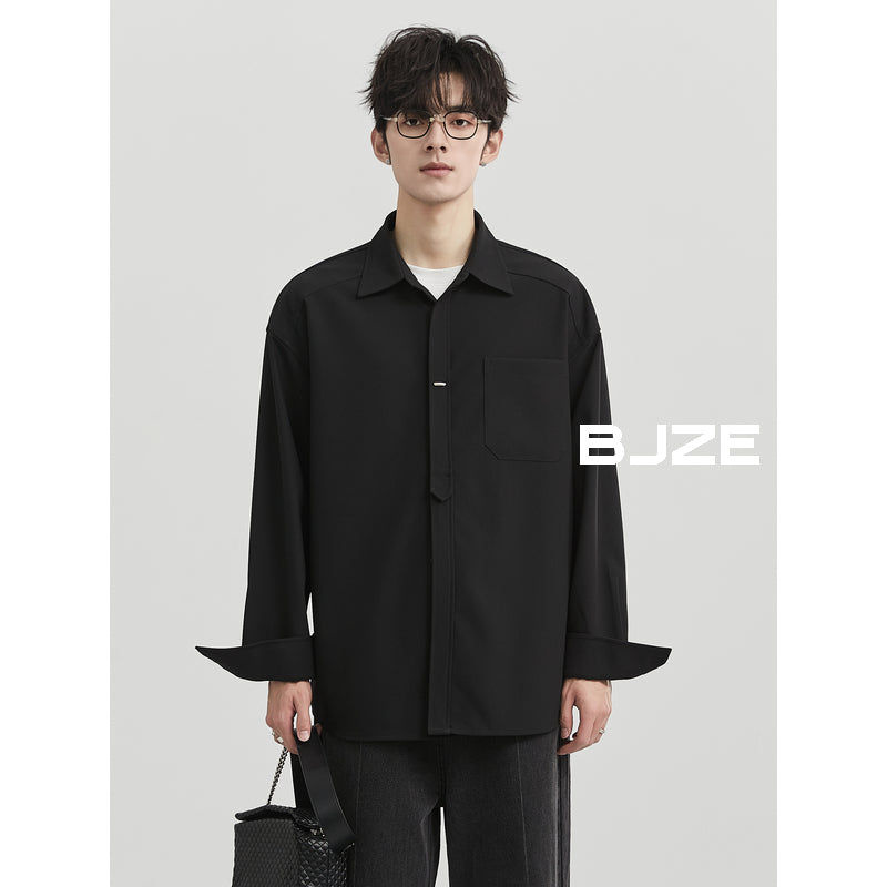 [Classy Stylish] Bjze Men's Clothing 25 Spring and Autumn Long Sleeves Inner Wear Shirt Pure Color K-style Work Clothing Loose Tops