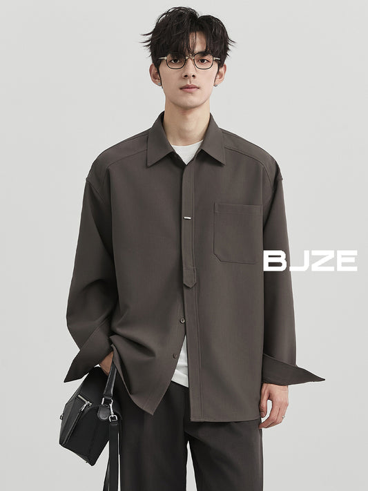 [Classy Stylish] Bjze Men's Clothing 25 Spring and Autumn Long Sleeves Inner Wear Shirt Pure Color K-style Work Clothing Loose Tops